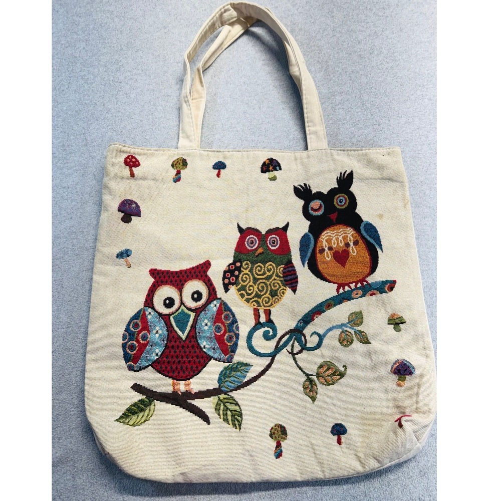 Whimsical Owl Mushroom Tapestry Tote Bag Boho Cottagecore Woodland Purse Folk
